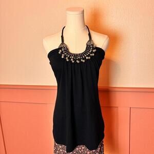 y2k boho chic beaded halter going out top wildcat sz medium cotton black